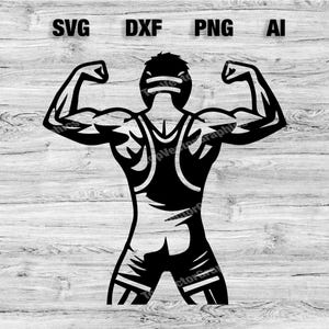 May include: Black and white silhouette of a wrestler flexing their biceps. The wrestler is wearing a singlet.
