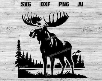 Moose Nature Scene Cut Files / Moose Tree Scene Vector Graphic Silhouette, Cameo, Cricut SVG, PNG, Dxf, Ai, Download istantaneo