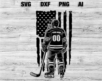 May include: Black and white silhouette of a hockey player standing in front of an American flag. The player is wearing a jersey with the text "YOUR NAME" and the number "00".