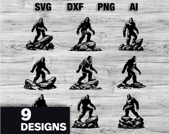 9 Bigfoot Cut Files | Bigfoot on Rocks Vector Graphic Silhouette, Cameo, Cricut SVG, PNG, Dxf, Ai, Instant Download Bundle Laser