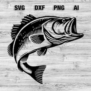 May include: Black and white silhouette of a bass fish jumping out of the water with its mouth open. The fish is facing the right side of the image.