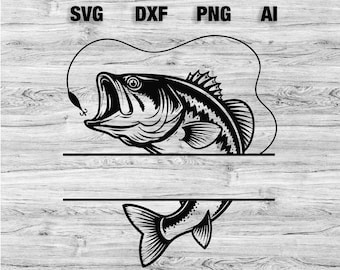 Bass Fish Split Monogram SVG, Largemouth Bass Monogram Frame SVG, Fishing SVG Cut File for Cricut, Fisherman png Bundle