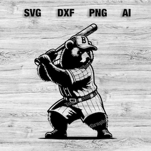 Puede incluir: Ilustración en blanco y negro de un oso con una gorra de béisbol y sosteniendo un bate. El oso está en una postura de béisbol, listo para batear la pelota.