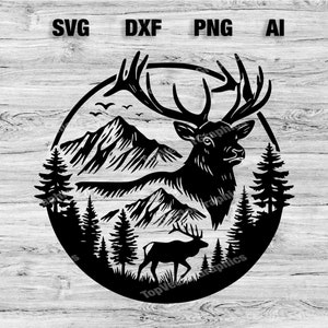 May include: Black and white silhouette of a deer with large antlers standing in a circle with mountains and trees. The deer is facing right and has a small deer in front of it.