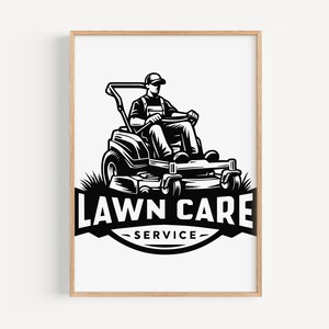 May include: Black and white illustration of a lawn care worker driving a riding lawnmower. The text "LAWN CARE SERVICE" is below the image.