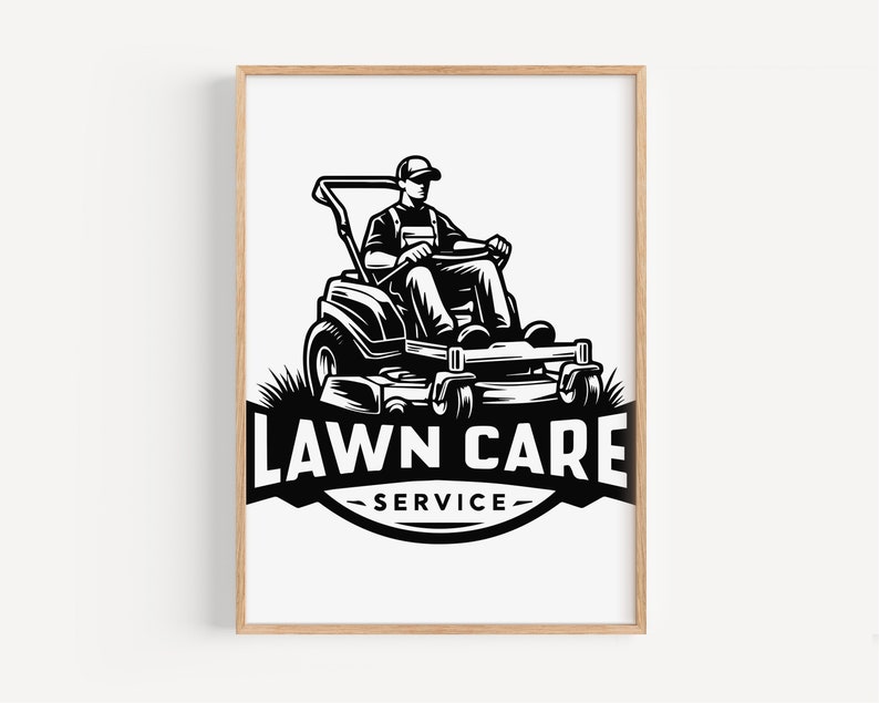 May include: Black and white illustration of a lawn care worker driving a riding lawnmower. The text "LAWN CARE SERVICE" is below the image.