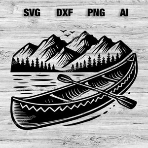 Canoe Boat Mountain Cut File | Outdoor Canoeing Vector Graphic Silhouette, Cameo, Cricut SVG, PNG, Dxf, Ai Cut Files, Instant Download