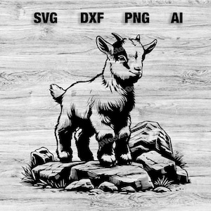 Baby Goat on Rocks Cut Files | Billy Goat Vector Silhouette, Cameo, Cricut SVG, PNG, Dxf, Ai, Instant Download Laser Ready