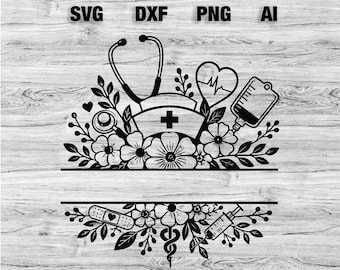 Nurse Monogram SVG Bundle, Floral Nurse Split Frame SVG, Stethoscope PNG, Medical Cricut Cut File for Nurse Shirt Design