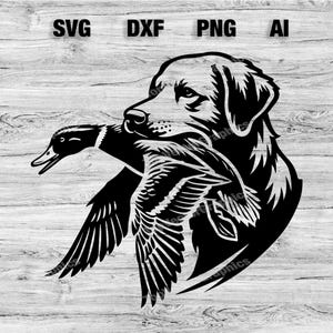 May include: Black and white silhouette of a dog retrieving a duck. The dog is facing to the right and the duck is flying to the left. The dog has a determined expression on its face.