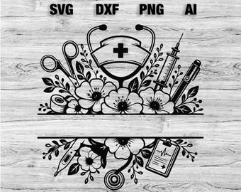 Floral Nurse Split Monogram SVG, Nurse Stethoscope Frame SVG, Medical Monogram Png, Nurse Shirt Cricut Cut File, Healthcare SVG Bundle