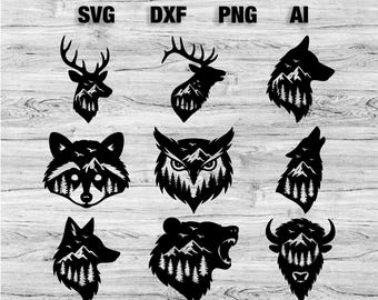 9 Animal Head SVG Bundle | Bear, Wolf, Elk, Dear, Fox, Owl Graphic Silhouette, Cricut SVG, PNG, Dxf, Ai, Instant Download Bundle Laser