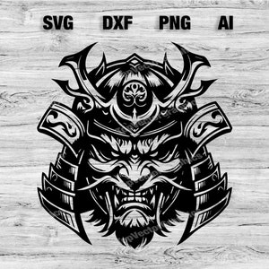 May include: Black and white illustration of a samurai warrior's helmet with a fierce, snarling face. The helmet is adorned with intricate details and a horned crest.