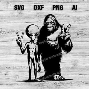 Può includere: Illustrazione in bianco e nero di un Bigfoot e un alieno in piedi uno accanto all'altro, entrambi che fanno il segno della pace.