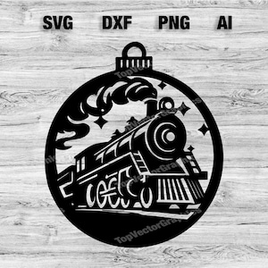 May include: Black and white silhouette of a train engine with smoke coming out of the chimney, inside a circle with a Christmas ornament hanger at the top. The train is facing right and has a large wheel at the front.