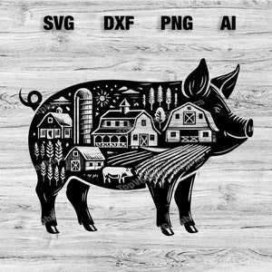 Pig Farm Scene Cut File | Cute Pig Animal Graphic Wall Art Silhouette, Cameo, Cricut SVG, PNG, Dxf, Ai Cut Files, Instant Download
