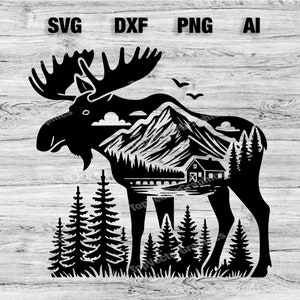 Moose Mountain Scene Cut File | Outdoor Moose Graphic Wall Art Silhouette, Cameo, Cricut SVG, PNG, Dxf, Ai Cut Files, Instant Download