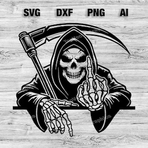 May include: Black and white illustration of the Grim Reaper giving the middle finger. The Reaper is wearing a hooded robe and holding a scythe.