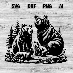 May include: Black and white silhouette of a family of bears in a forest setting. The mother bear is sitting upright, the father bear is standing, and the cub is sitting on a rock.