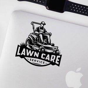 May include: Black and white illustration of a lawn care service logo. A person is operating a riding lawnmower with the text "LAWN CARE -SERVICE- "