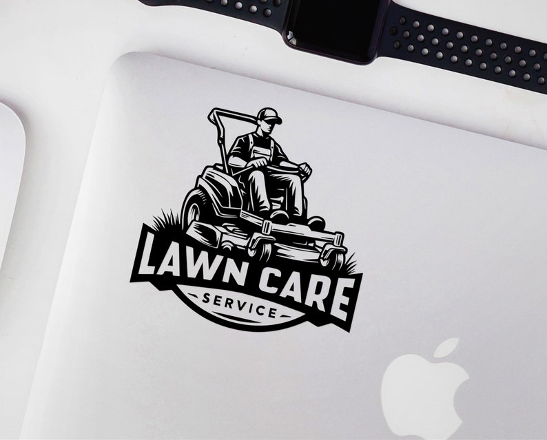May include: Black and white illustration of a lawn care service logo. A person is operating a riding lawnmower with the text "LAWN CARE -SERVICE- "