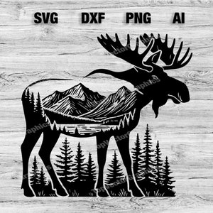 Moose Mountain Scene Cut File | Outdoor Moose Graphic Wall Art Silhouette, Cameo, Cricut SVG, PNG, Dxf, Ai Cut Files, Instant Download