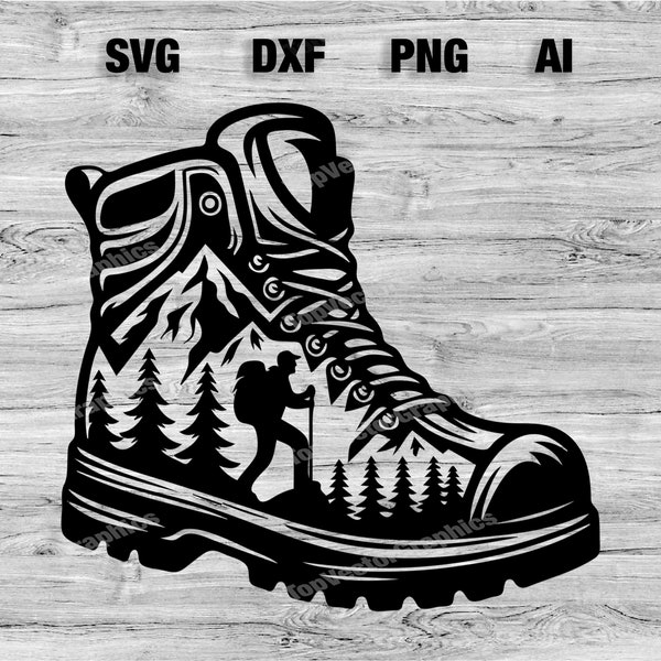 Hiker Boot Mountain Cut File | Outdoor Hiker Boot Vector Graphic Silhouette, Cameo, Cricut SVG, PNG, Dxf, Ai Cut Files, Instant Download