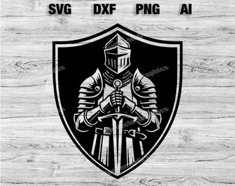 Mittelalterliche Ritter-Silhouette-Schnittdateien | Mittelalterlicher Ritterschild Vektor Silhouette, Cameo, Cricut SVG, PNG, Dxf, Ai, Sofort Download Laser