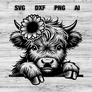 Peeking Highlander Cow Head | Highland Cow Vector Graphic Laser File Silhouette Clip Art, Cameo, Cricut SVG, PNG, Dxf, Ai, Instant Download