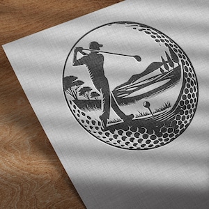 May include: Monochrome golf-themed illustration. A golfer in action is framed within a golf ball design. The background features trees, hills, and a golf tee. The design is set against a textured, light grey background.