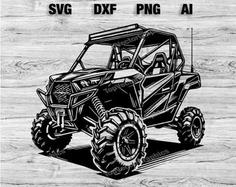May include: Black and white line art illustration of a side view of a  utility terrain vehicle (UTV) with a roll cage. The UTV has large tires and a front bumper.