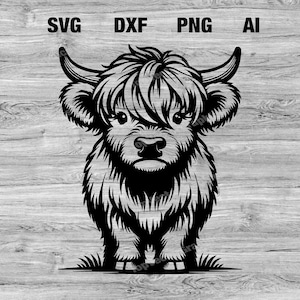 Puede incluir: Ilustración en blanco y negro de una vaca Highland con pelo largo y una expresión seria. La vaca está de pie sobre un fondo de madera.