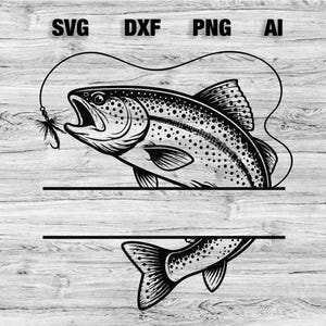 May include: A black and white graphic illustration of a trout fish with a fishing line and hook. The design features a split section for custom text. The text SVG, DXF, PNG, AI appears at the top of the image. The fish is shown in profile.