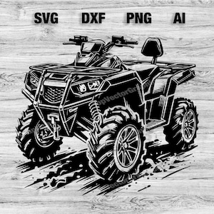 May include: Black and white illustration of an ATV, or all-terrain vehicle, driving through mud. The ATV has a roll cage and a seat for the driver. The ATV is driving on a dirt track.