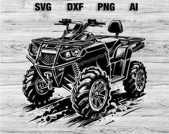 May include: Black and white illustration of an ATV, or all-terrain vehicle, driving through mud. The ATV has a roll cage and a seat for the driver. The ATV is driving on a dirt road.