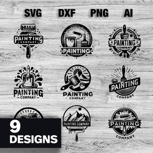 9 profesjonalnych projektów logo dla firm malarskich — pliki SVG, PNG, DXF, AI w zestawie | Grafika marki firmowej | Natychmiastowe pobieranie
