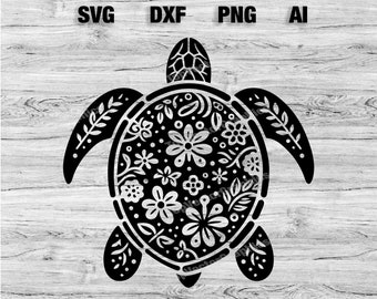 Sea Turtle Floral Beach Pattern Cut Files | Beach Turtle Vector Silhouette, Cameo, Cricut SVG, PNG, Dxf, Ai, Instant Download Laser Ready