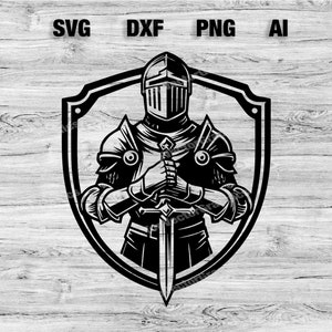 May include: Black and white illustration of a knight in armour holding a sword, standing in front of a shield. The knight is wearing a helmet with a visor.