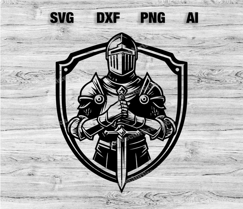 May include: Black and white illustration of a knight in armour holding a sword, standing in front of a shield. The knight is wearing a helmet with a visor.