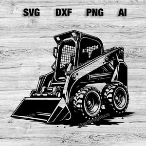 May include: Black and white illustration of a skid steer loader with a bucket. The skid steer is facing the right side of the image.