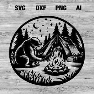 May include: Black and white illustration of a bear sitting by a campfire in the woods. The bear is roasting a marshmallow on a stick. There is a tent in the background and stars in the sky.