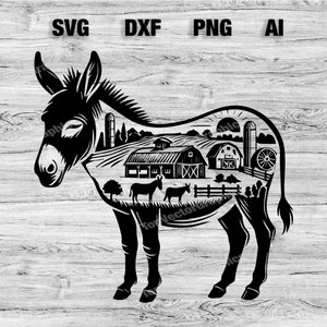 Donkey Farm Scene Cut File | Cute Donkey Animal Graphic Wall Art Silhouette, Cameo, Cricut SVG, PNG, Dxf, Ai Cut Files, Instant Download