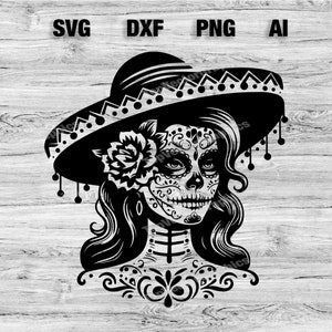 Archivos de pintura de cara de calavera española, Silueta vectorial del Día de los Muertos, Cameo, Cricut SVG, PNG, Dxf, Ai, Descarga instantánea, Listo para láser