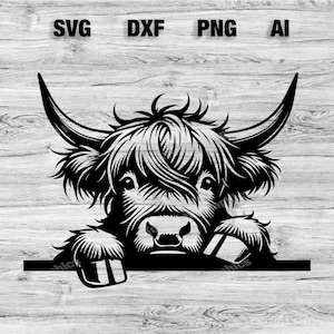 Peeking Highland Cow Head | Highlander Cow Vector Graphic Laser File Silhouette Clip Art, Cameo, Cricut SVG, PNG, Dxf, Ai, Instant Download