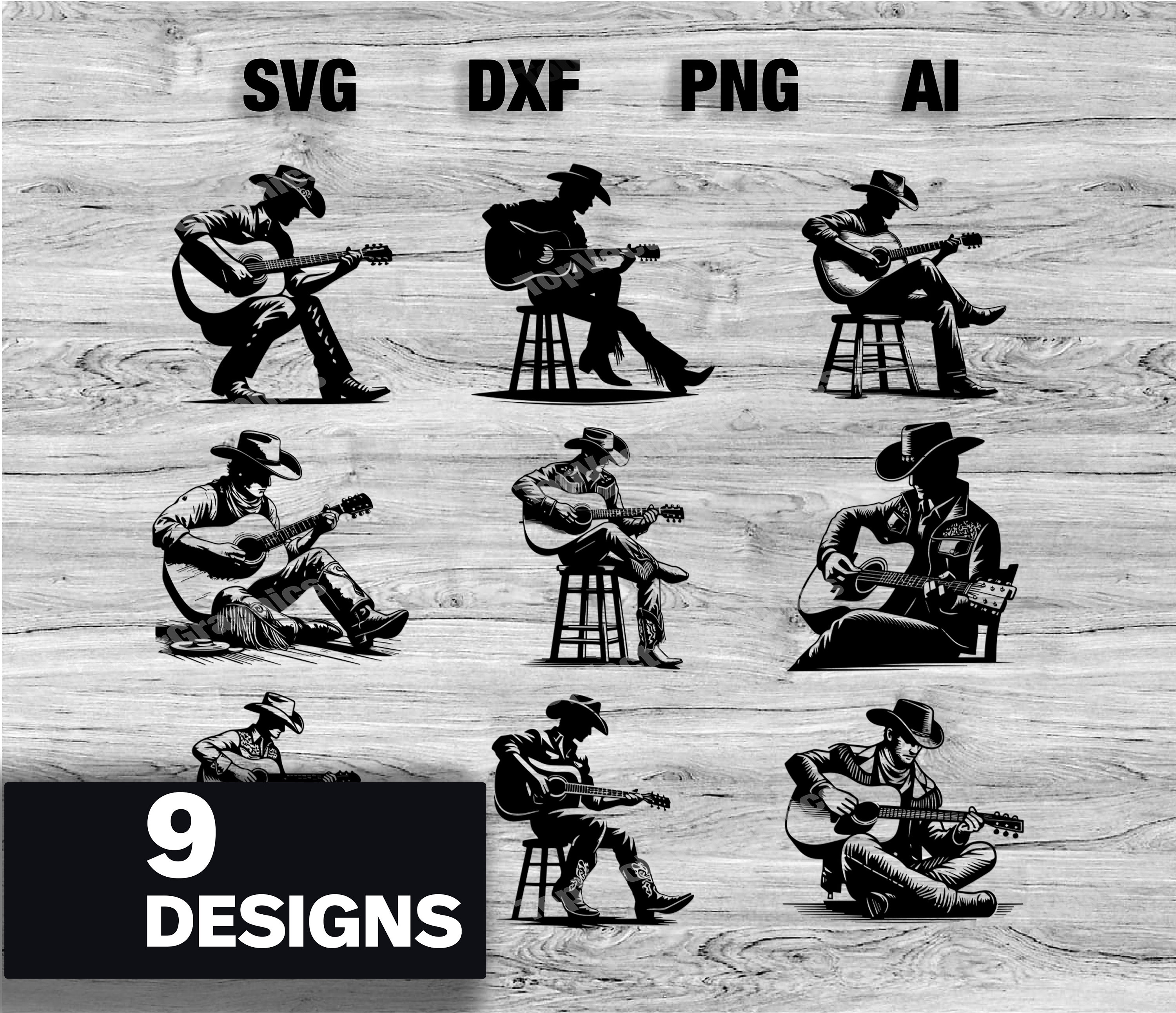 9 Cowboy Playing Guitar Cut Files | Guitarist Vector Graphic Silhouette ...