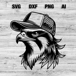 Könnte beinhalten: Schwarz-weiß-Illustration eines Adlers, der eine Baseballkappe trägt. Der Kopf des Adlers ist zur Seite gedreht, und sein Schnabel ist geöffnet. Die Baseballkappe hat ein Netzrücken und einen gebogenen Schirm.