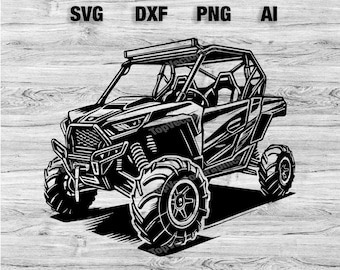May include: Black and white line art illustration of a side view of a  utility terrain vehicle (UTV) with a roll cage. The UTV has large tires and a front bumper.