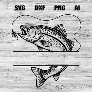 Könnte beinhalten: Eine schwarz-weiße grafische Illustration einer springenden Forelle mit Angelschnur und Köder. Das Design enthält einen horizontal geteilten Bereich für Text, wobei die Dateiformate SVG, DXF, PNG und AI oben aufgeführt sind.