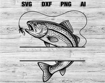Trout Fish Split Monogram SVG, Trout Fishing Monogram Frame SVG, Fisherman Cricut Cut File, Trout PNG Instant Download