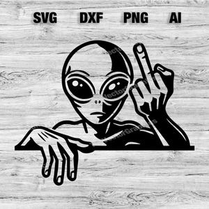 May include: Black and white illustration of an alien giving the middle finger. The alien has large eyes and a small mouth.